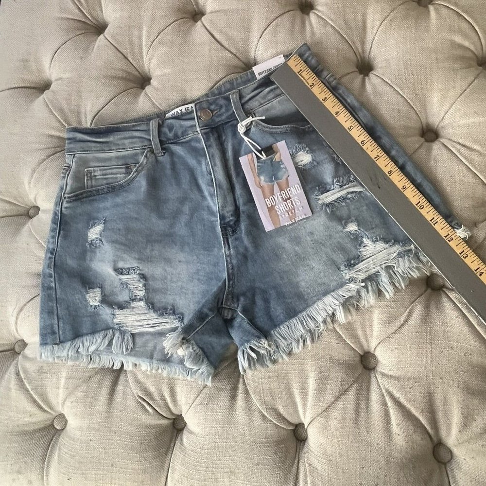 Wax Jeans Shorts Womens Médium Blue Denim Distressed Boyfriend Fit Casual Ladies - Picture 3 of 12